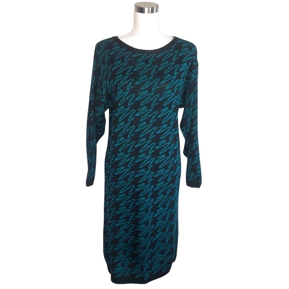 VINTAGE 80s D.D. Sloane Black Teal Abstract Squiggle Print Sweater Dress Size M